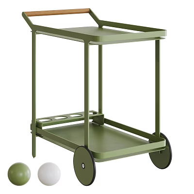Green Two Tier Metal Rolling Cart With Circular Hole Design For Modern Spaces 3d model