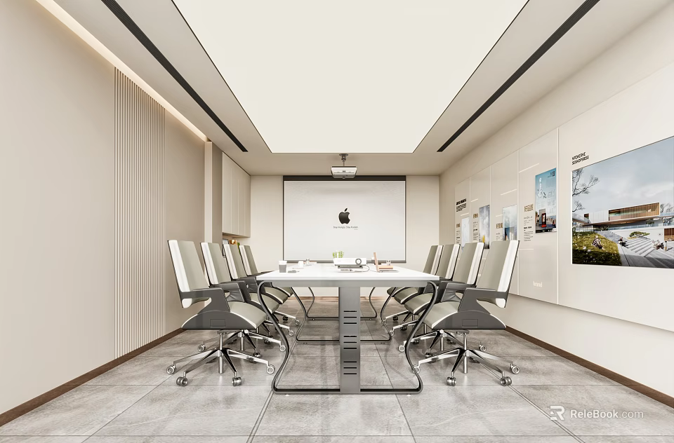 Modern Conference Room Interior With Round Table Projector Screen And Wall Displays 3d model