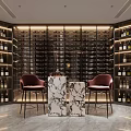 Modern Wine Cellar Interior Design with Glass Wine Racks Red Chairs and Marble Countertop