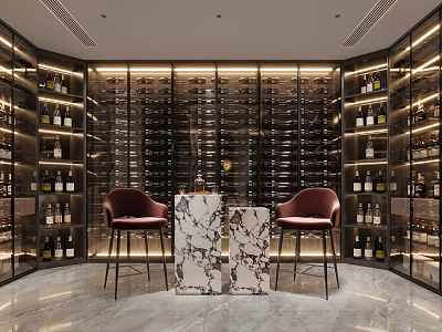Modern Wine Cellar Interior Design with Glass Wine Racks Red Chairs and Marble Countertop 3d model