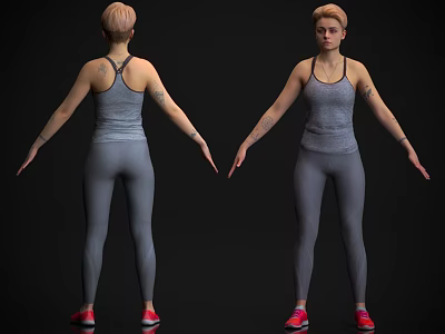 Woman In Gray Tank Top Leggings With Red Shoes Arms Outstretched Front Back View 3d model