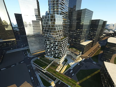 Modern Urban Office Building With Glass Facade Surrounded by Skyscrapers and Green Space 3d model