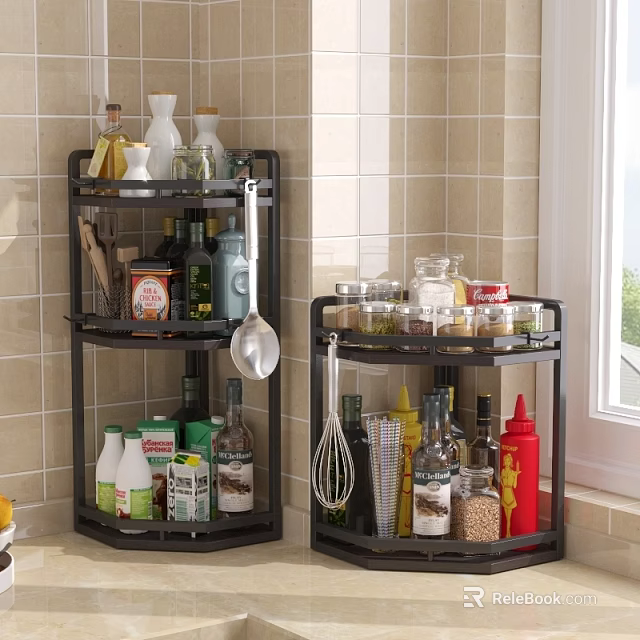 Black Rotating Countertop Kitchen Rack With Spice Jars Oil Bottles And Utensils 3d model 
