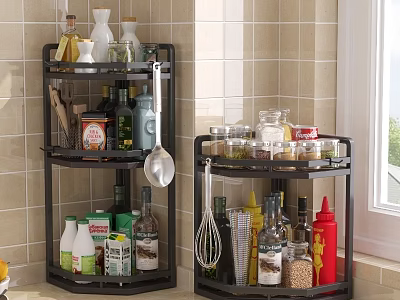 Black Rotating Countertop Kitchen Rack With Spice Jars Oil Bottles And Utensils 3d model
