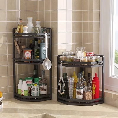 Black Rotating Countertop Kitchen Rack With Spice Jars Oil Bottles And Utensils 3d model