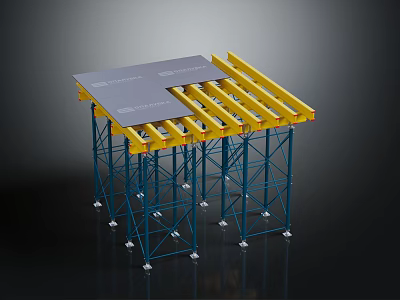 Industrial Construction Scaffolding With Yellow Beams Blue Supports And Gray Panels 3d model