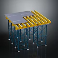 Industrial Construction Scaffolding With Yellow Beams Blue Supports And Gray Panels