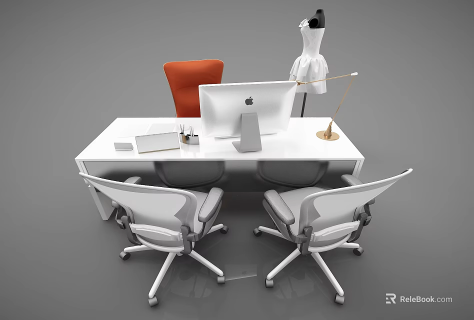 Modern Office Desk with iMac Monitor Gold Desk Lamp Orange Chair and White Office Chairs 3d model 