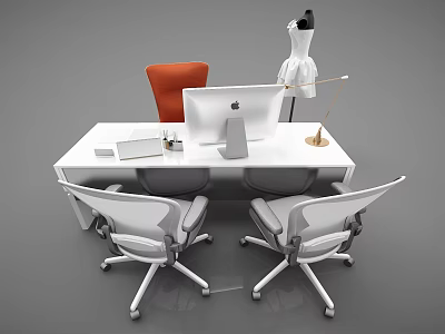 Modern Office Desk with iMac Monitor Gold Desk Lamp Orange Chair and White Office Chairs 3d model