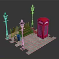 Street Scene Components With Red Telephone Booth Black Street Lamps And Wooden Bench