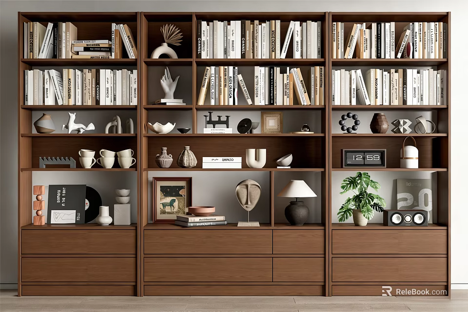 Modern Wooden Bookshelf With Multiple Layers Books Decorative Sculptures Photo Frames Lamp And Plant 3d model 