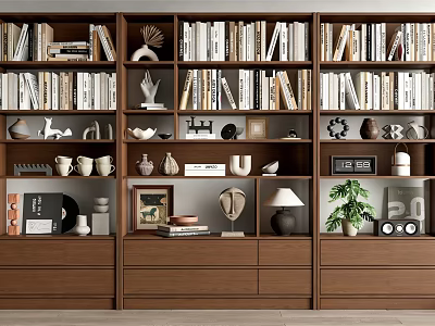 Modern Wooden Bookshelf With Multiple Layers Books Decorative Sculptures Photo Frames Lamp And Plant 3d model