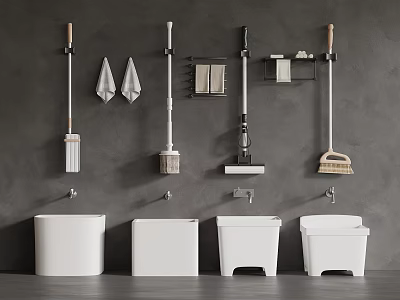 Organized Wall Mounted Cleaning Tools With White Storage Bins On Gray Wall 3d model
