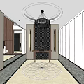 Modern Elevator Hallway Design With Chandelier And Geometric Floor Tile Pattern 3d model