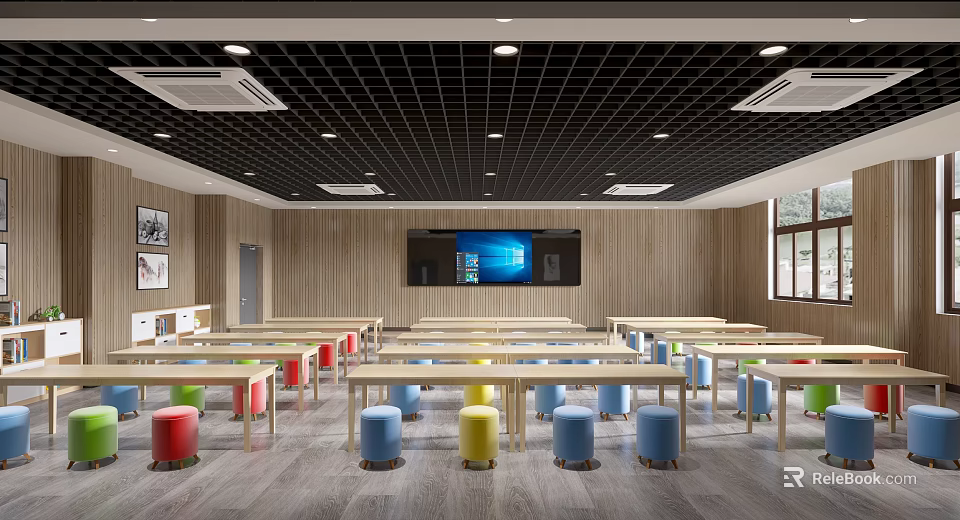 School Classroom Interior With Colorful Stools And Modern Setup 3d model