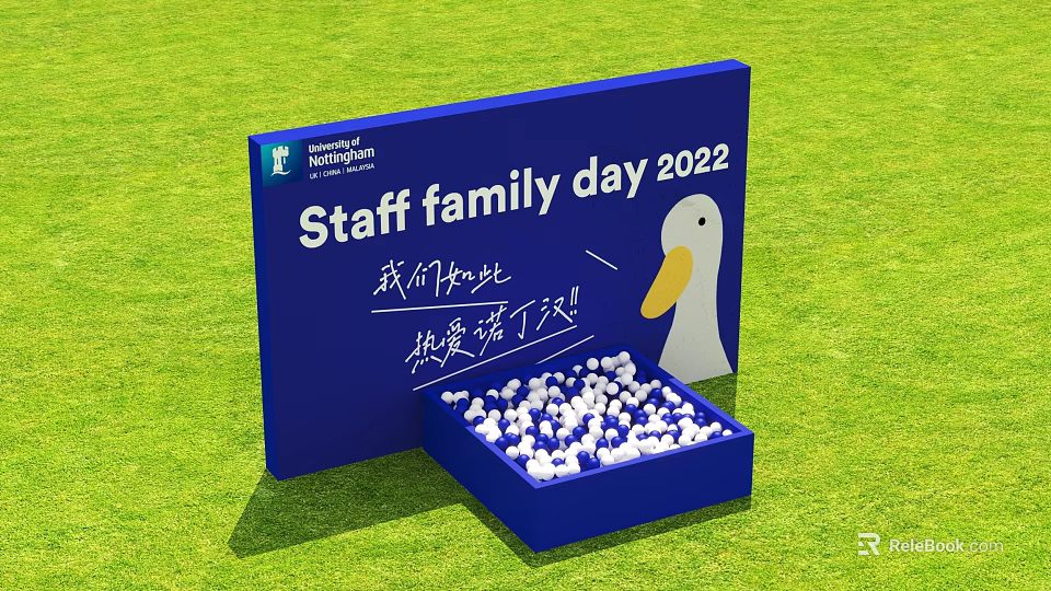Staff Family Day 2022 Blue Sign With Duck Illustration And White Balls On Green Grass 3d model 