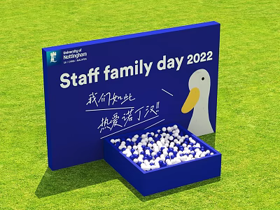 Staff Family Day 2022 Blue Sign With Duck Illustration And White Balls On Green Grass 3d model