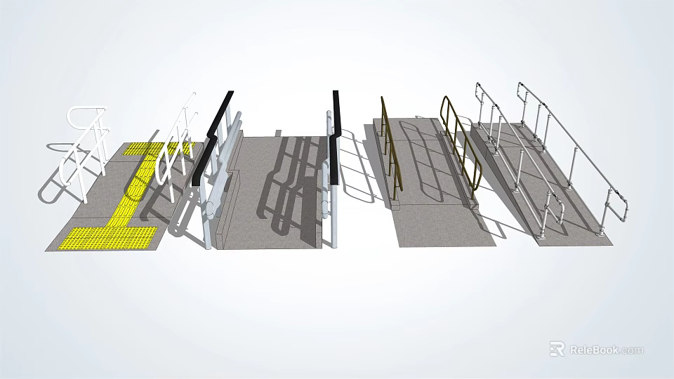 Metal Fencing Designs With Safety Railings And Yellow Warning Strips 3d model 