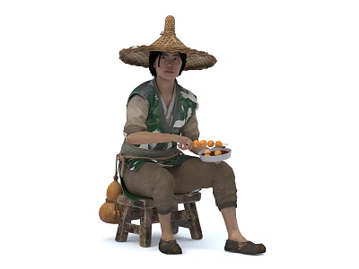 Woman in Straw Hat Green Beige Outfit Holding Plate With Orange Fruits on Wooden Stool 3d model