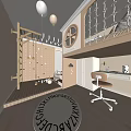 Kids Room Interior With Climbing Wall Swing Bunk Bed Desk And Round Window