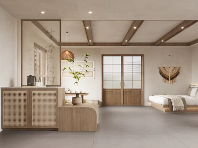 Japanese Style Bedroom Interior With Wooden Beams Sliding Doors And Lattice Partition 3d model