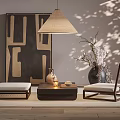 Japanese Style Wooden Table And Chair Set With Light Cushions And Decorative Vase