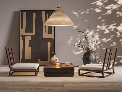 Japanese Style Wooden Table And Chair Set With Light Cushions And Decorative Vase 3d model