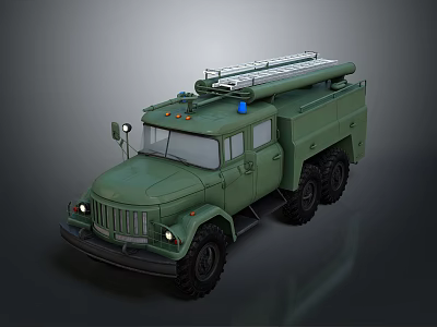 Green Military Off Road Truck with Roof Ladder Rack Blue Warning Light and Large Tires 3d model