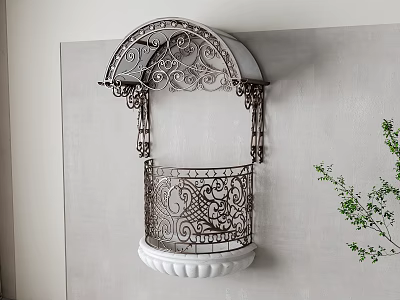 Ornate Metal Wall Decor With Arched Top White Base And Green Plant 3d model