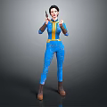 Game and Movie Character In Blue Jumpsuit With Yellow Accents And Brown Boots Posing