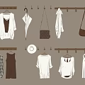 Wooden Hooks On Wall Hanging White Clothes Brown Bags And Hat For Storage