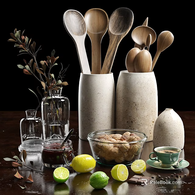 Glass Bowl of Nuts with Jam Jar Fresh Lemons Coffee Cup and Wooden Spoons 3d model 