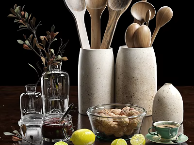 Glass Bowl of Nuts with Jam Jar Fresh Lemons Coffee Cup and Wooden Spoons 3d model