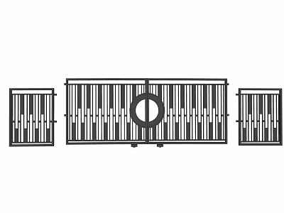 Metal Fence Design With Vertical Bars Circular Center And Side Panels 3d model