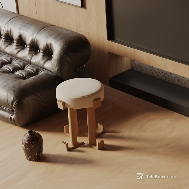 Round White Top Side Table With Wooden Legs Black Leather Sofa Wooden Floor And Vase 3d model 