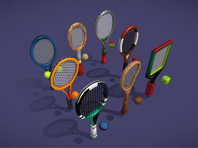 Colorful Tennis Rackets With Different Styles And Tennis Balls As Sports Equipment 3d model