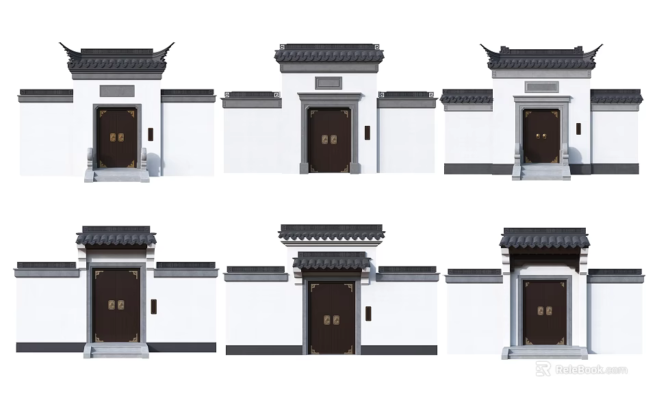 Traditional Chinese Ancient Architecture Doors With Black Tiled Roofs And White Walls 3d model 