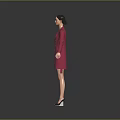 Woman In Red Double Breasted Dress Stands With Outstretched Arms Against Grey Background In Heels
