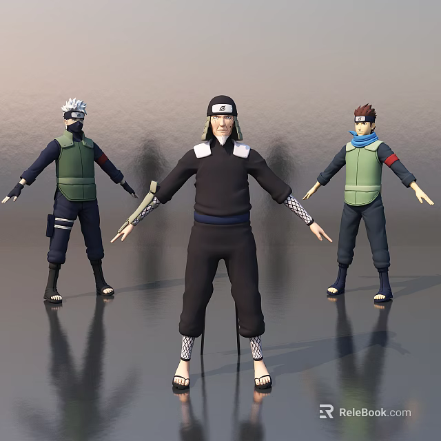 Game And Movie Characters In Black Outfit Green Vest With Headband Standing Pose Open Arms 3d model 
