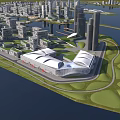 Aerial City Planning View With River Islands High Rise Buildings And Green Spaces