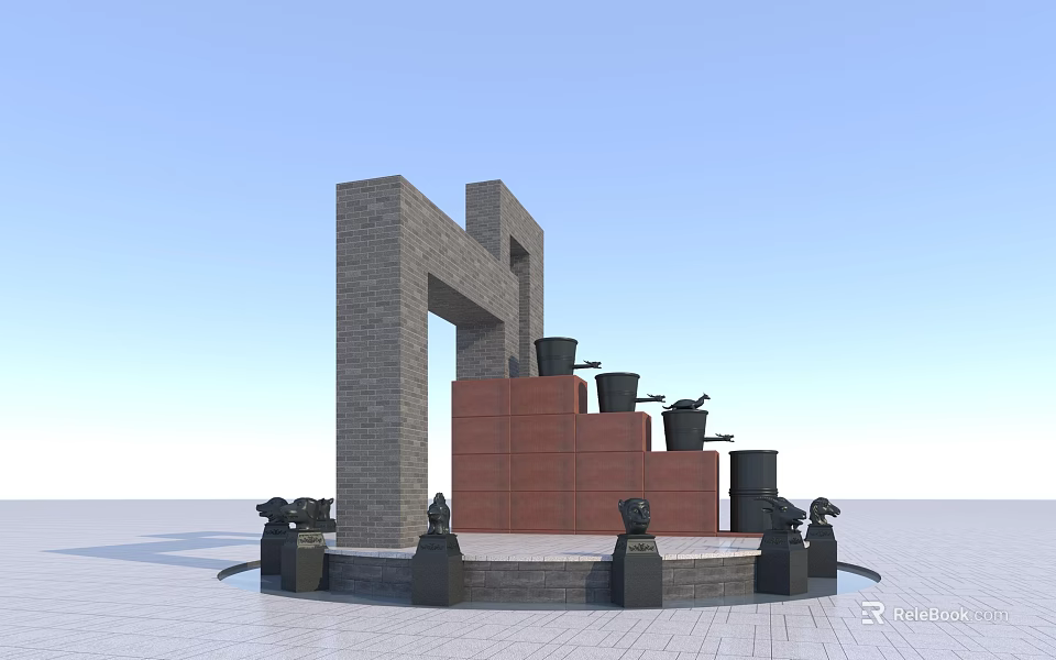 Traditional Garden Landscape Design With Stone Arch Red Brick Platform And Black Sculptures 3d model 