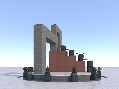 Traditional Garden Landscape Design With Stone Arch Red Brick Platform And Black Sculptures 3d model