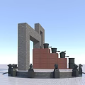Traditional Garden Landscape Design With Stone Arch Red Brick Platform And Black Sculptures