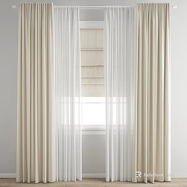 Beige Curtains With White Sheer Panels And Blinds For Window Interior Design 3d model 