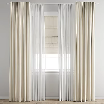 Beige Curtains With White Sheer Panels And Blinds For Window Interior Design 3d model
