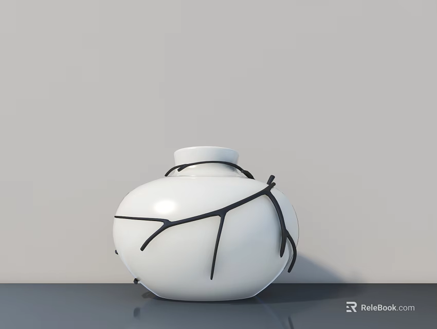 White Ceramic Vase With Black Twig Decor On Grey Tabletop And Light Grey Wall 3d model
