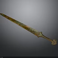 Ancient Bronze Sword Sculpture With Intricate Carved Hilt And Decorative Details