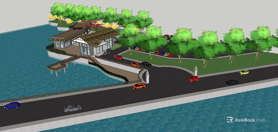 Scenic Waterfront Building Area With Green Trees Roads And Parked Cars 3d model 
