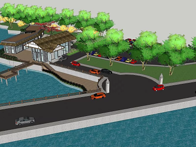 Scenic Waterfront Building Area With Green Trees Roads And Parked Cars 3d model