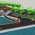 Scenic Waterfront Building Area With Green Trees Roads And Parked Cars